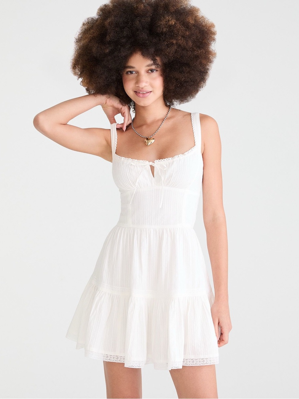 Aéropostale Solid Square-Neck Corset A-Line Mini Dress Floral White Medium